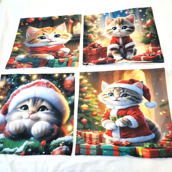 Christmas Kitten Pillow Covers 4Pcs Cute Santa Cat Cushion Covers Holiday New - Picture 1 of 10